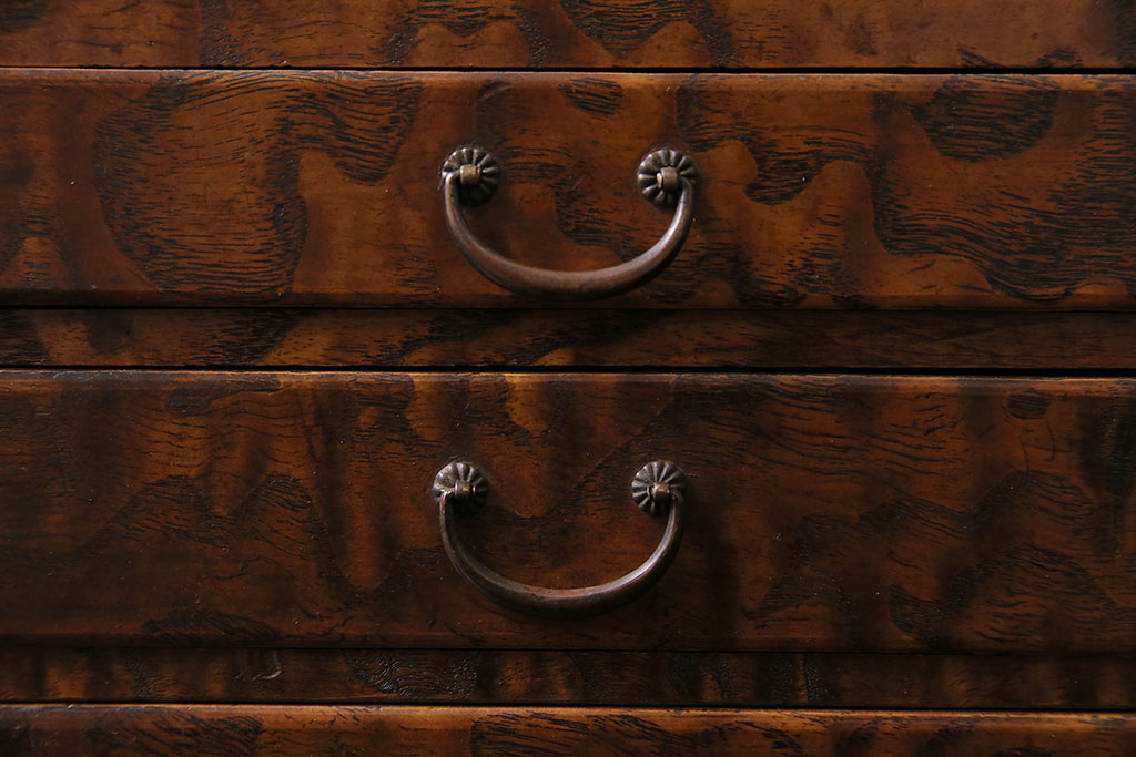 アンティーク家具　和製アンティーク　昭和中期　タモ材　波のような木目が美しい裁縫箱(ソーイングボックス、小引き出し、小物収納)(R-043906)