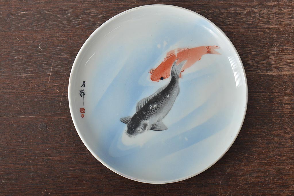 明治〜大正　鯉の図　図変わり6寸印判皿4枚(中皿)(R-044223)