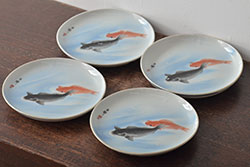 アンティーク雑貨　和製アンティーク　5.6寸桔梗鳥蒔絵木製菓子皿5枚セット(木皿、漆器)(R-039368)