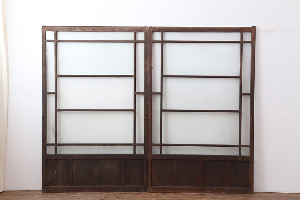 アンティーク建具　昭和初期　大正ロマンの雰囲気漂うシンプルなガラス戸2枚セット(引き戸、建具)(R-044336)