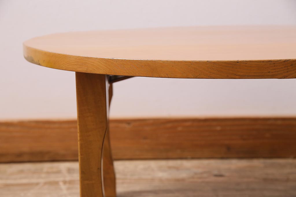 ビンテージ家具　昭和中期　タモ材　珍しいデザインのレトロな丸ちゃぶ台(座卓、折り畳みテーブル)(R-044376)