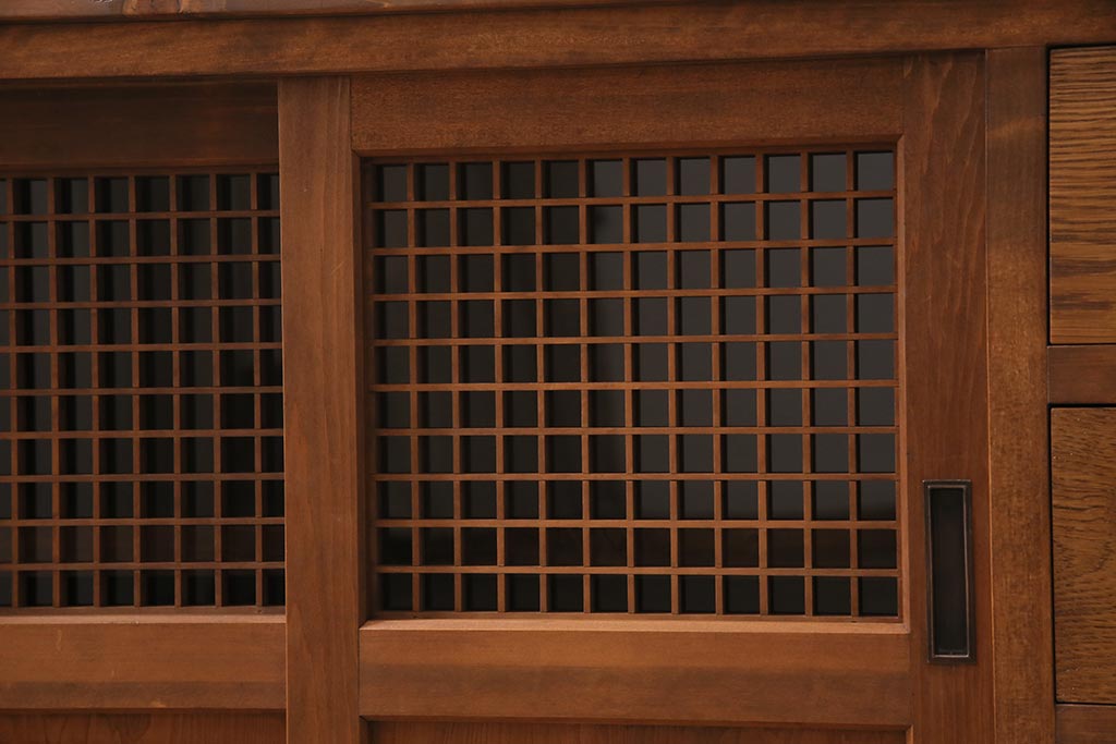 ラフジュ工房オリジナル　昭和中期　古建具リメイク　細かく繊細な格子戸が風情あるローボード(テレビボード、テレビ台、リビングボード)(R-044381)