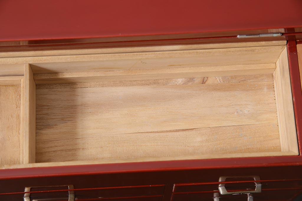 アンティーク家具　和製アンティーク　昭和初期　朱塗り　朱色が独特の存在感漂う裁縫箱(ソーイングボックス、小引き出し、小物収納)(R-044594)