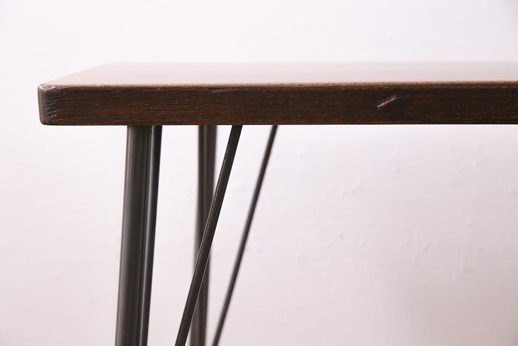 アンティーク家具　古材リメイク　欅(ケヤキ)材一枚板　鉄脚テーブル(サイドテーブル、カフェテーブル)(R-044682)