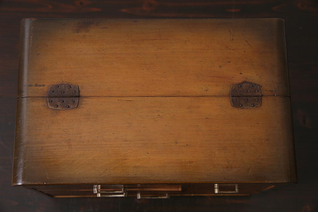 レトロ雑貨　昭和中期　シンプルな木製の裁縫箱(ソーイングボックス、針箱、小引き出し、小物収納)(R-044753)