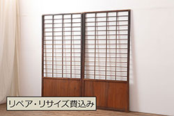 アンティーク建具　古い木味のシンプルなガラス戸4枚セット(引き戸)(R-064638)