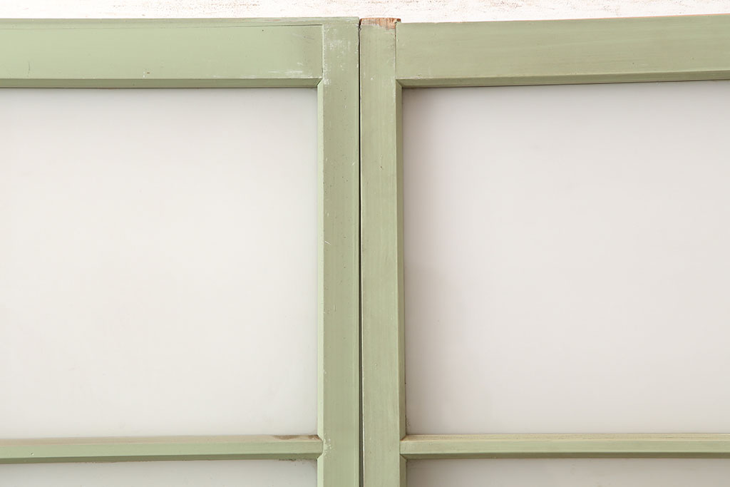 アンティーク建具　昭和中期　すりガラス入り　淡い色合いのペイントが素敵なガラス戸4枚セット(引き戸)(R-044971)