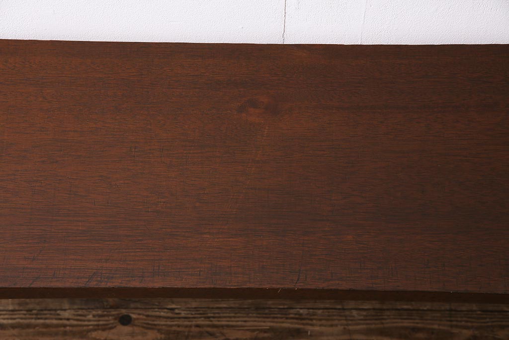 ビンテージ家具　和製　昭和中期　ラワン一枚板　古い木の質感が味わい深い鉄脚テーブル(作業台、アイアンテーブル、コンソールテーブル)(R-045000)