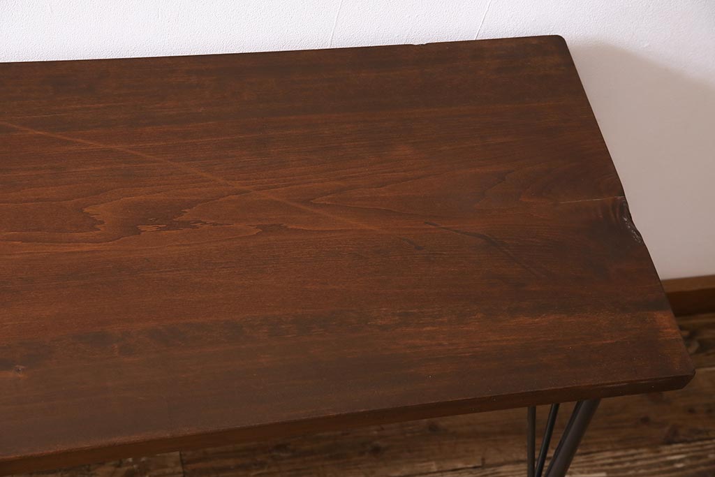 ビンテージ家具　和製　昭和中期　ヒノキ一枚板　古材を活かした鉄脚テーブル(作業台、アイアンテーブル、コンソールテーブル)(R-045001)