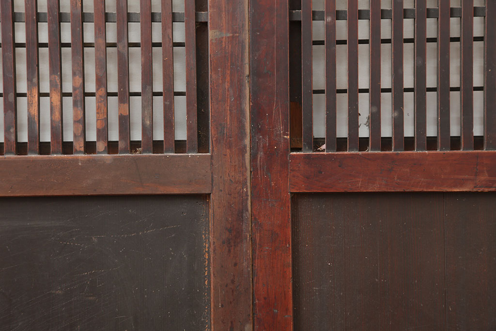 アンティーク建具　明治期　裏障子付き　落ち着きのある色合いの格子帯戸2枚セット(引き戸、建具)(R-045111)