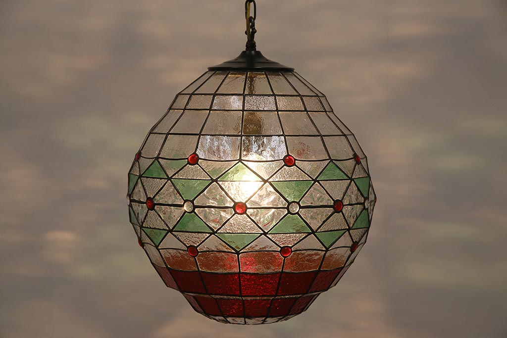 ヴィンテージ照明　イギリスビンテージ　空間をおしゃれに彩るステンドグラスのペンダントライト(吊り下げ照明、天井照明)(R-045332)