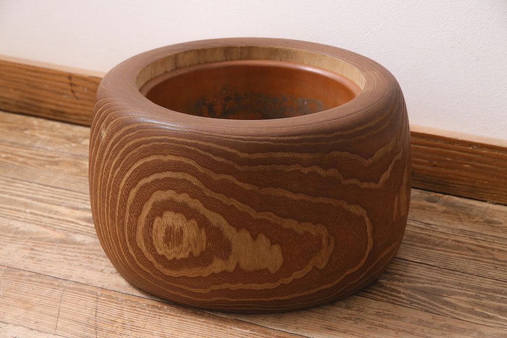アンティーク雑貨 昭和初期 大胆な杢目が目を引く桐火鉢(木製火鉢、手 