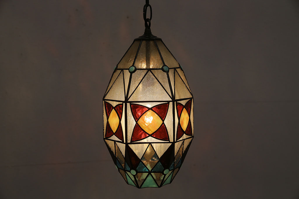 ヴィンテージ照明　イギリスビンテージ　ステンドグラスがお洒落なアクセントのペンダントライト(吊り下げ照明、天井照明)(R-045656)