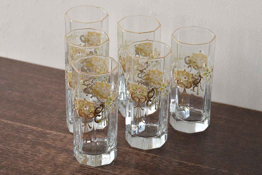 イタリア ベネチアンガラス 金彩 花の図 グラス6客セット(コップ