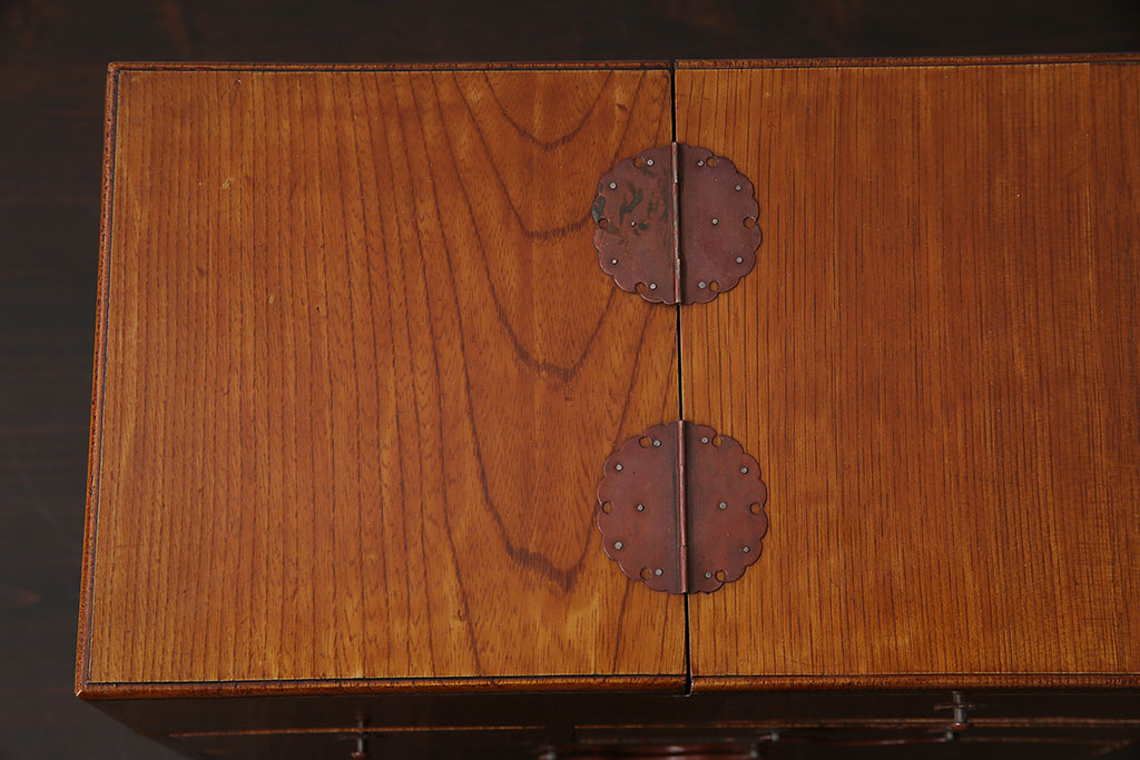 レトロ雑貨　明治大正期　高級!ケヤキ玉杢が美しい裁縫箱(ソーイングボックス、針箱、小引き出し、小物収納)(R-046279)