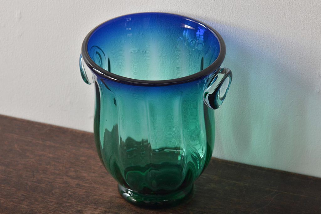 イタリア ベネチアンガラス ブルー・グリーン(青緑) 花瓶(サイン有