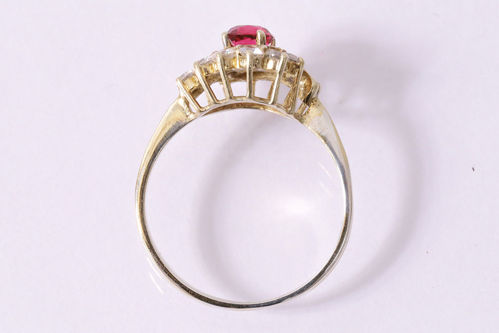 ヴィンテージアクセサリー　イギリス　9ct　Gold　ピンク・クリアクリスタル　リング(指輪、金、ビンテージ)(R-047008)