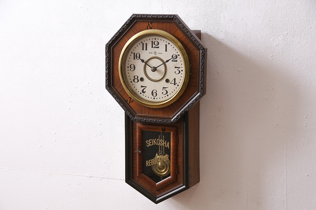アンティーク時計 大正昭和初期 精工舎(SEIKOSHA、セイコー) REGULATOR ゼンマイ式 八角型振り子時計(掛け時計、柱時計、古時計)(R-047040)  | ラフジュ工房