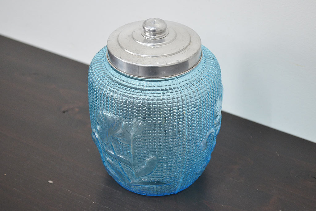 昭和初期　古いキャンディーポット(ガラス瓶、プレスガラス)(R-047053)