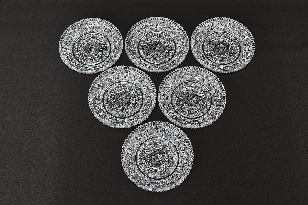 昭和初期　古いプレス小皿6枚(レース柄、プレート)(R-047088)