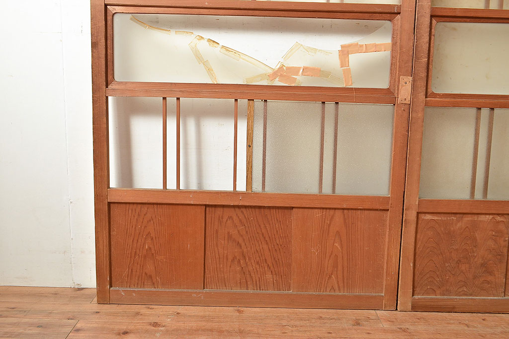 和製アンティーク　明るい木色がレトロな雰囲気を醸し出すガラス戸3枚セット(引き戸、建具)(R-048352)