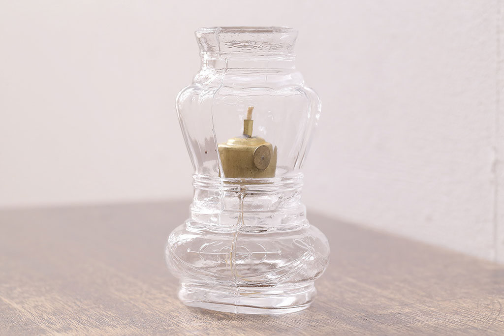 昭和初期　古いガラスの豆ランプ(オイルランプ、火屋、油壷)(R-048423)
