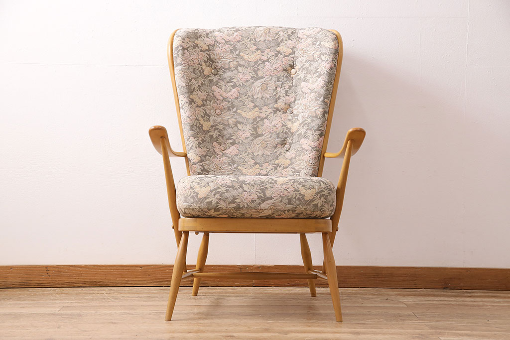 ヴィンテージ家具　ERCOL(アーコール)　エバーグリーン　エレガントな雰囲気漂う1人掛けイージーチェア(ラウンジチェア、アームチェア、椅子、ソファ、ビンテージ)(R-048539)