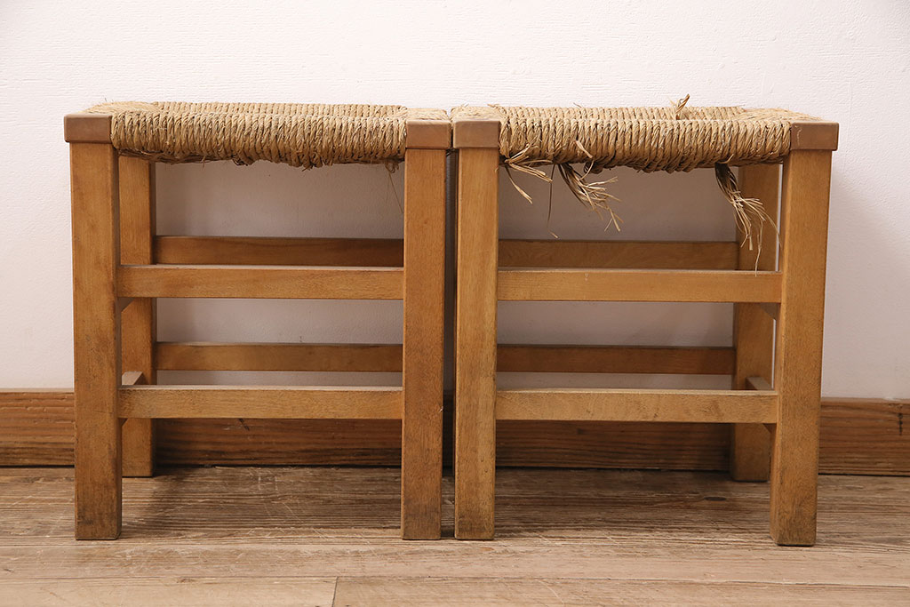 ヴィンテージ　松本民芸家具　初期モデル　ラッシ座面がおしゃれ!素朴な木肌が味わい深いスツール2脚セット(チェア、椅子、ビンテージ)(R-048716)