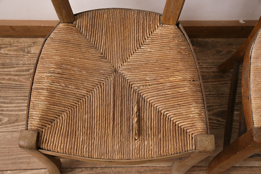 イギリスアンティーク　ビーチ材　編み座面のフレンチチャーチチェア2脚セット(椅子、ダイニングチェア)(R-048746)