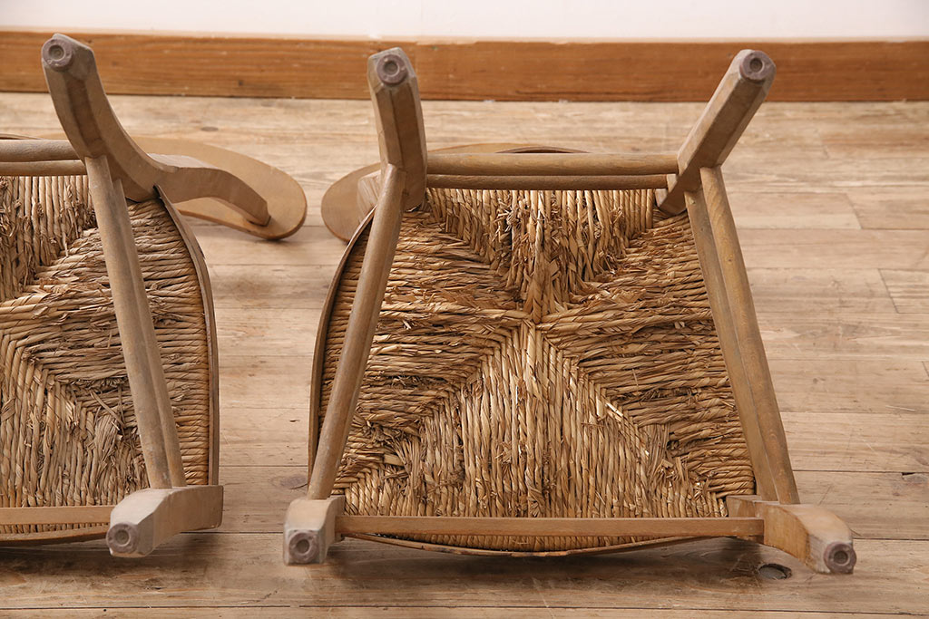 イギリスアンティーク　ビーチ材　編み座面のフレンチチャーチチェア2脚セット(椅子、ダイニングチェア)(R-048750)