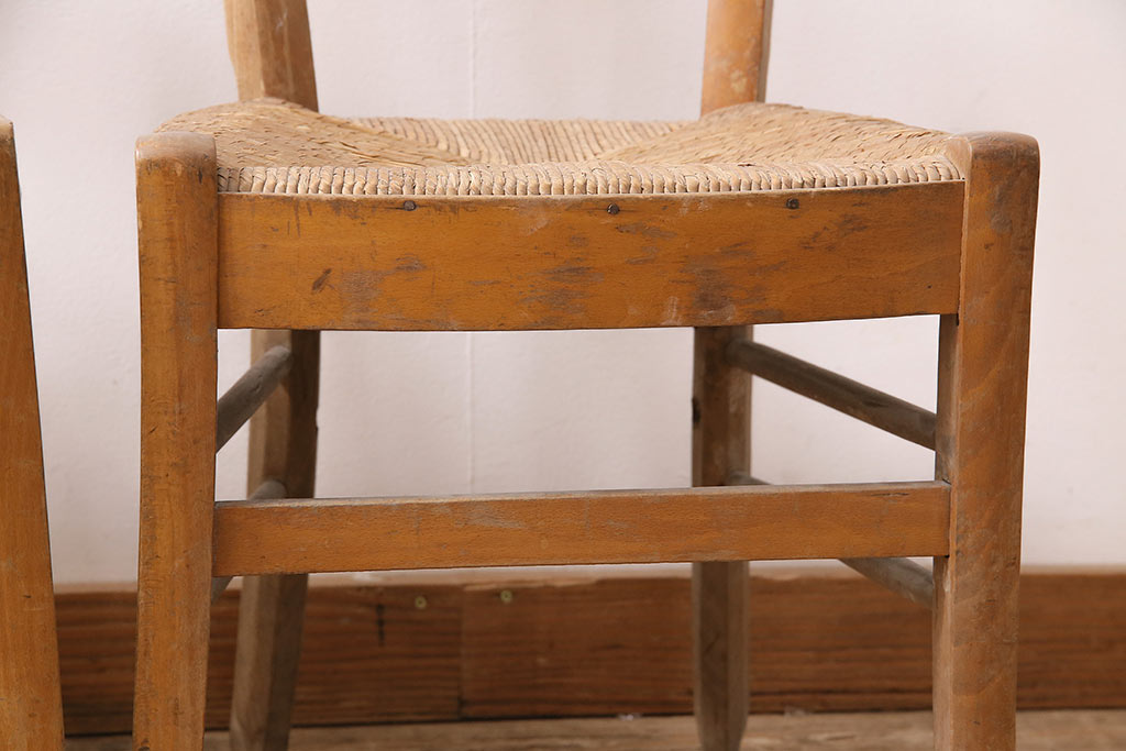 イギリスアンティーク　ビーチ材　編み座面のフレンチチャーチチェア2脚セット(椅子、ダイニングチェア)(R-048751)