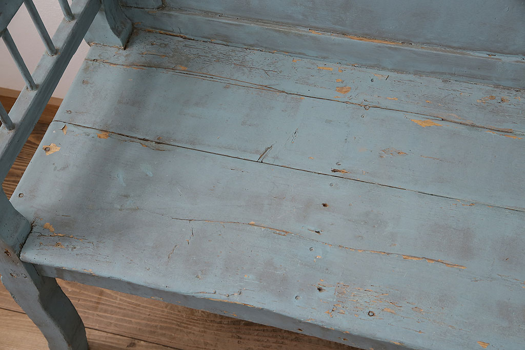 海外アンティーク　シャビーなペイントがお洒落なベンチ(長椅子、板座チェア)(R-048810)