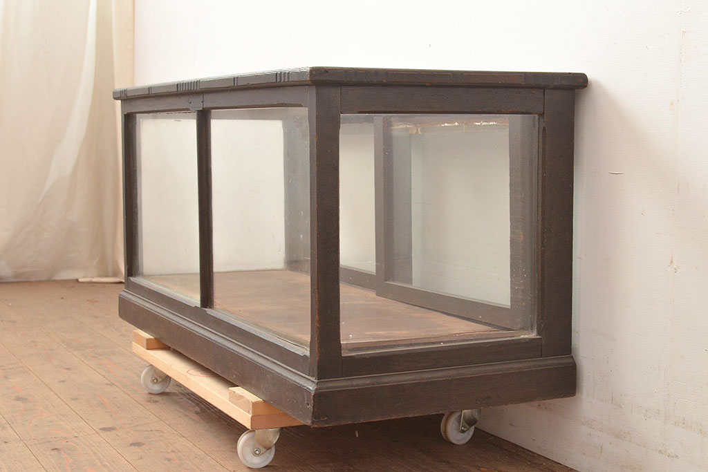 和製アンティーク　ロータイプ　シンプルなガラスケース(卓上、飾り棚、ショーケース、陳列棚)(R-048961)