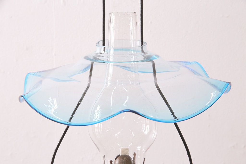 和製アンティーク　大正期　波のようなデザインがおしゃれな吊り下げオイルランプ(ハンギングランプ、吊り下げランプ、石油ランプ)(R-049230)