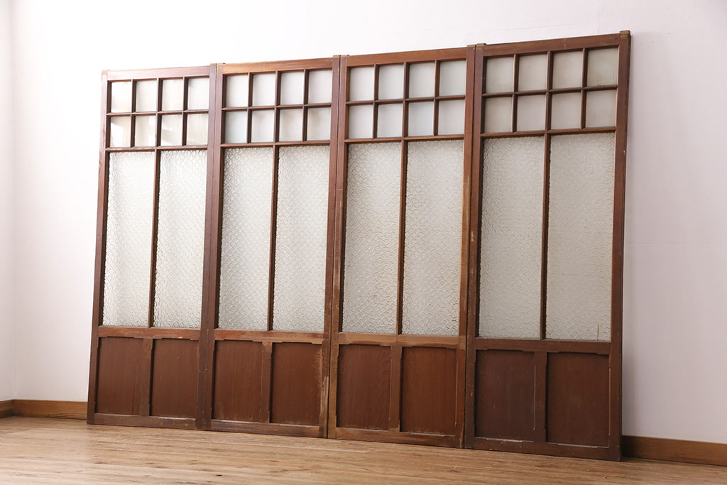 アンティーク建具　昭和初期　凝ったデザインのガラス戸4枚セット(引き戸、建具)(R-049534)