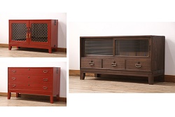 アンティーク家具　リメイク品　明治期の松材を利用したパタパタ扉のローボード(リビングボード、戸棚、収納棚)(1)