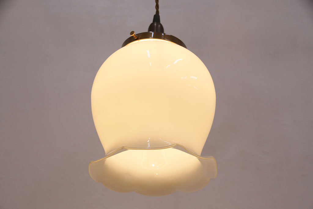 昭和レトロ　ビンテージ照明　フリルシェードが可愛らしいペンダントライト(天井照明、吊り下げ照明、シェード、ヴィンテージ)(R-049920)