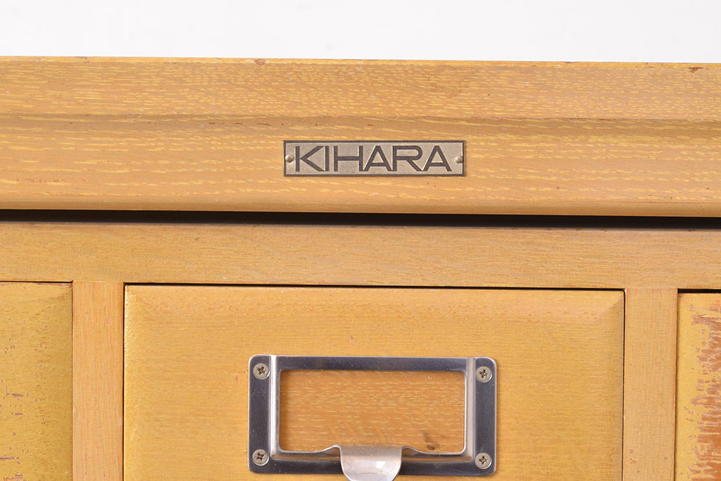 レトロ家具　昭和レトロ　KIHARA　雑貨屋さん収納が叶うナラ材製ネームプレート付きカードケース(引き出し、チェスト、図書館、図書室)(R-050018)