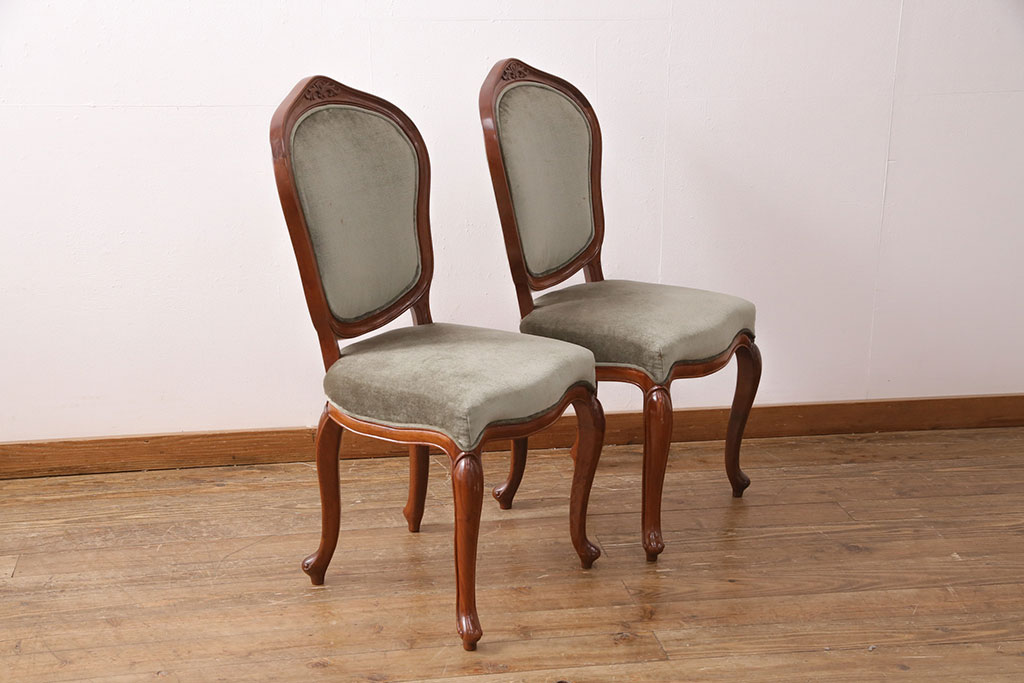 中古　高級家具　カリン材　ロココ調の優美なチェア2脚セット(ダイニングチェア、サロンチェア、椅子、花梨材)(R-050056)