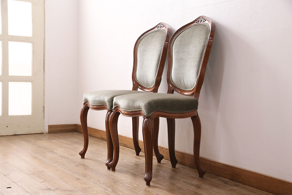 中古　高級家具　カリン材　ロココ調の優美なチェア2脚セット(ダイニングチェア、サロンチェア、椅子、花梨材)(R-050056)