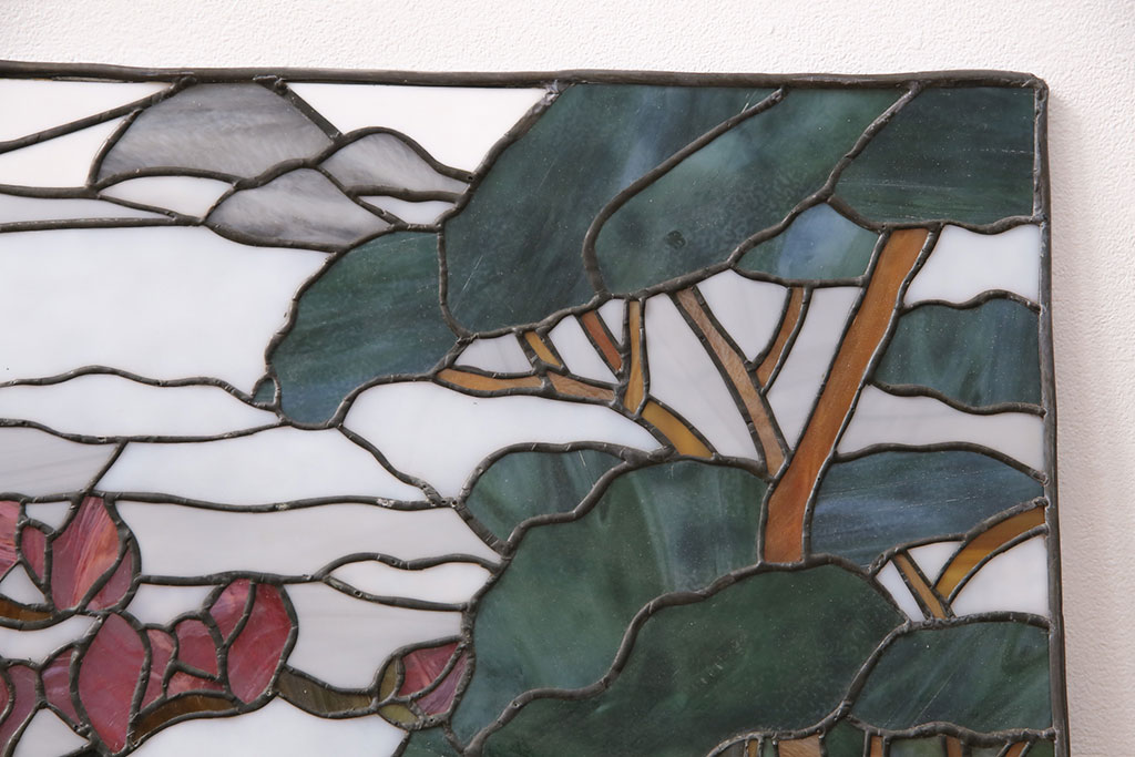 和製ヴィンテージ　国産　日本の趣のある風景が描かれたステンドグラス(明り取り、ビンテージ)(R-050734)