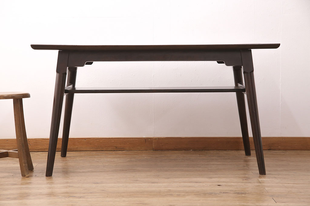ビンテージ家具　松本民芸家具　洗練された佇まいが魅力の棚付きダイニングテーブル(食卓、2人掛け、ヴィンテージ)(R-051262)
