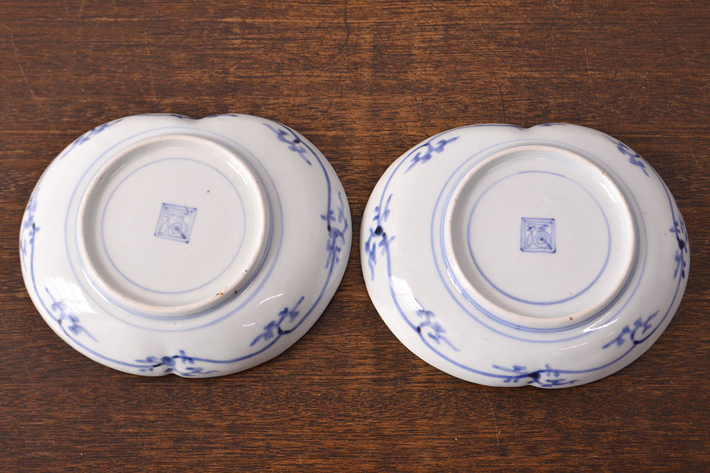 江戸期　古伊万里　蛸唐草文　渦福　変形皿2枚セット(和食器)(R-051973)