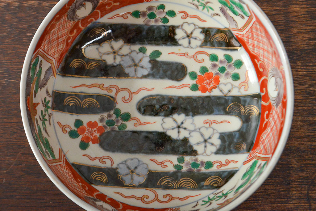 江戸期　古伊万里　色絵染付花模様　深鉢2点セット(深皿、和食器)(R-052062)