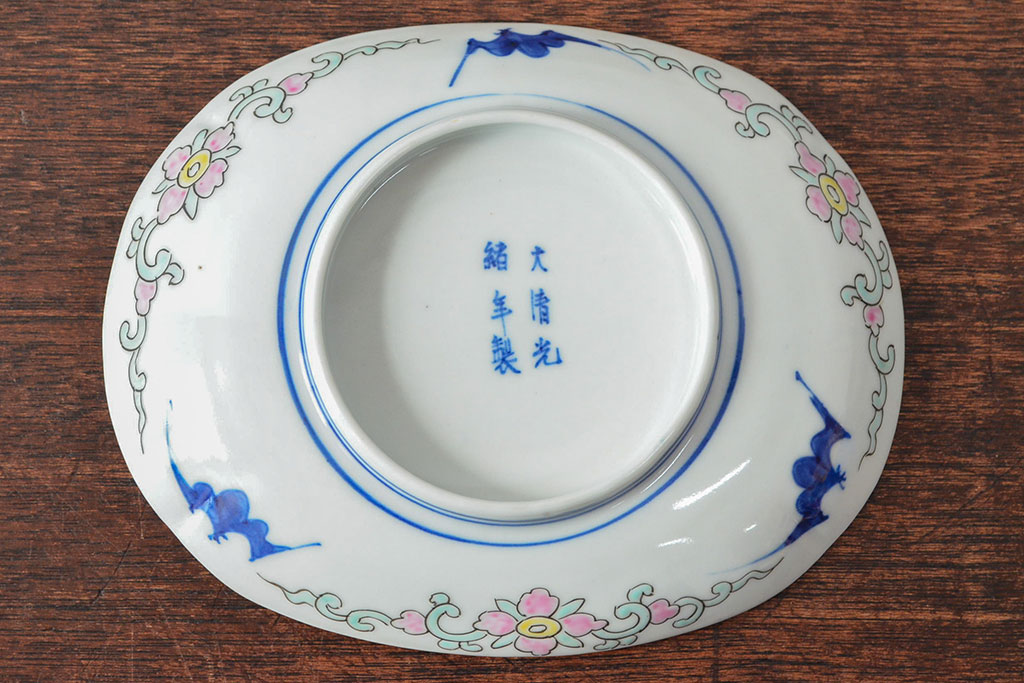 大清光緒年製　色絵染付　楕円変形皿3枚(伊万里、中国?)(R-052351)