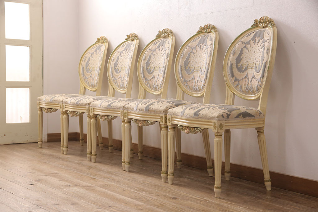 ビンテージ　イタリア高級輸入家具　ロココ調　凝った彫刻が美しいチェア5脚セット(ダイニングチェア、椅子、ヴィンテージ)(R-052394)