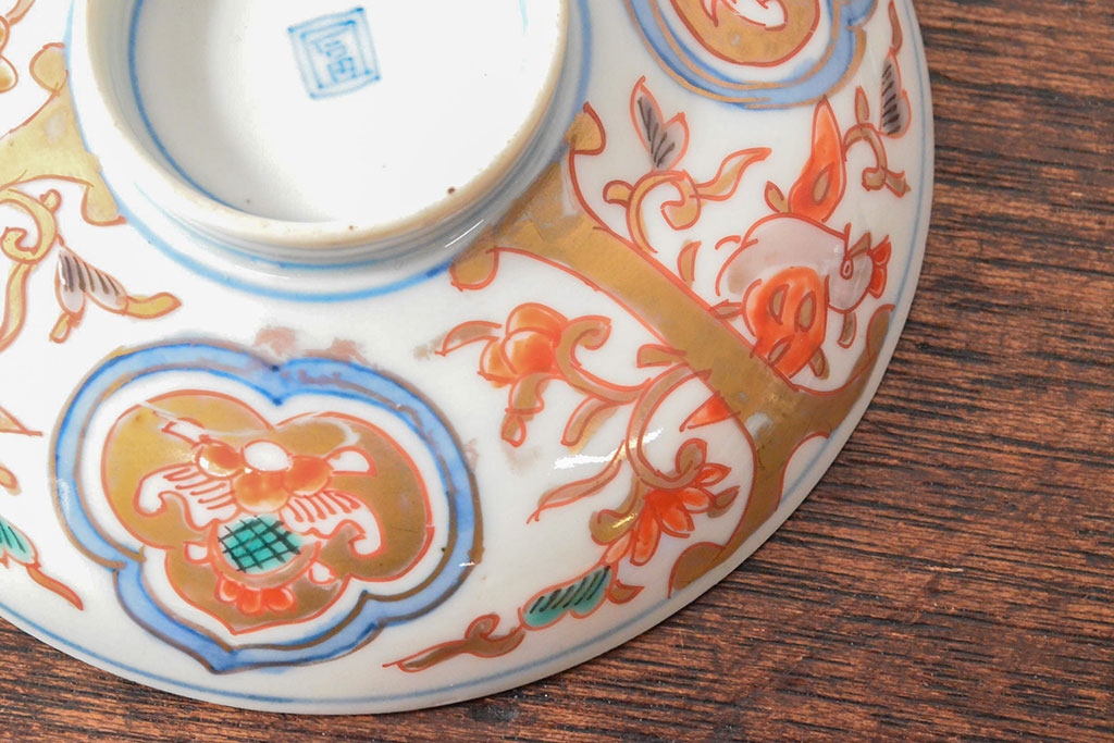明治期　伊万里焼　色絵染付　蓋茶碗3客(和食器)(R-052757)