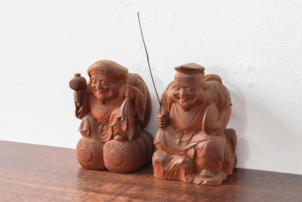 大正十三年 土田照清 恵比寿 大黒 木彫(在銘、作家物)(R-052791