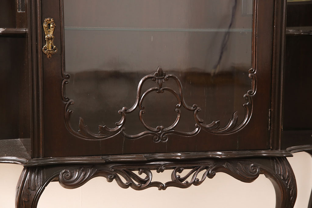 イギリスアンティーク　マホガニー材　凝ったつくりが目を引くパーラーキャビネット(飾り棚、ミラー)(R-052935)