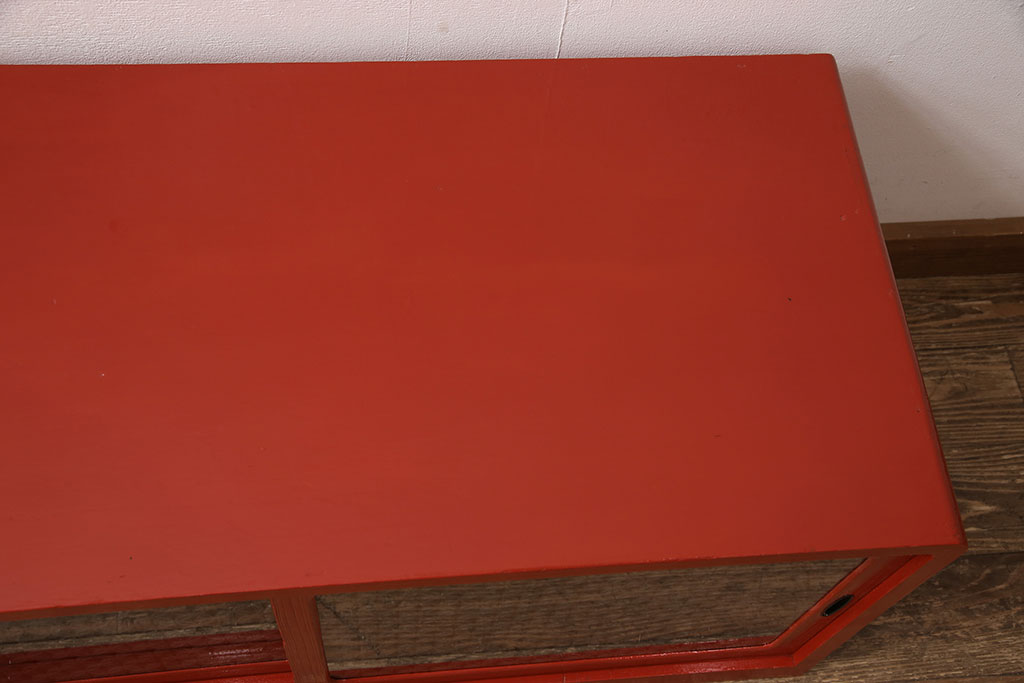 和製アンティーク　レーザー組子入り　お部屋のアクセントになる朱塗りのテレビ台(テレビボード、ローボード、収納棚)(R-052994)